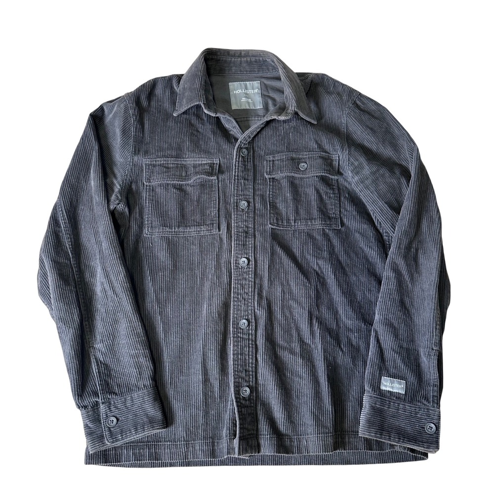 Hollister Mens Corduroy Button Down Shirt Gray Long Sleeve Pockets Medium - Picture 1 of 8